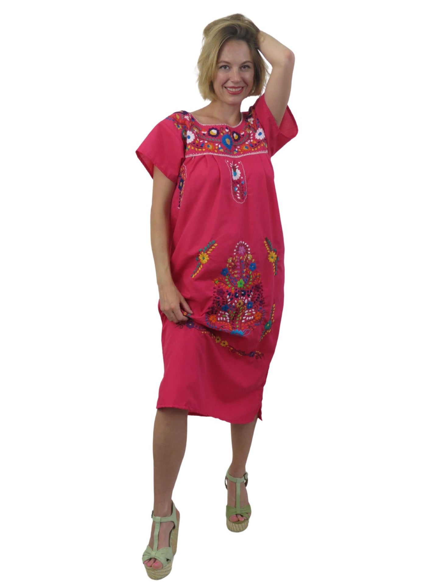 Mexican Dress Puebla with Multicolored Hand-Embroidered Flowers Hot Pink