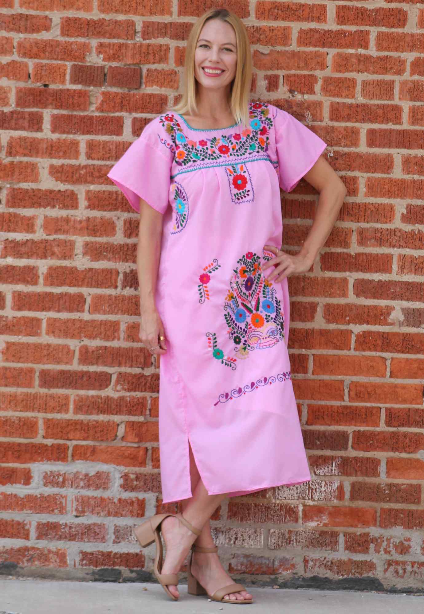 Mexican Dress Puebla with Multicolored Hand-Embroidered Flowers Soft Pink