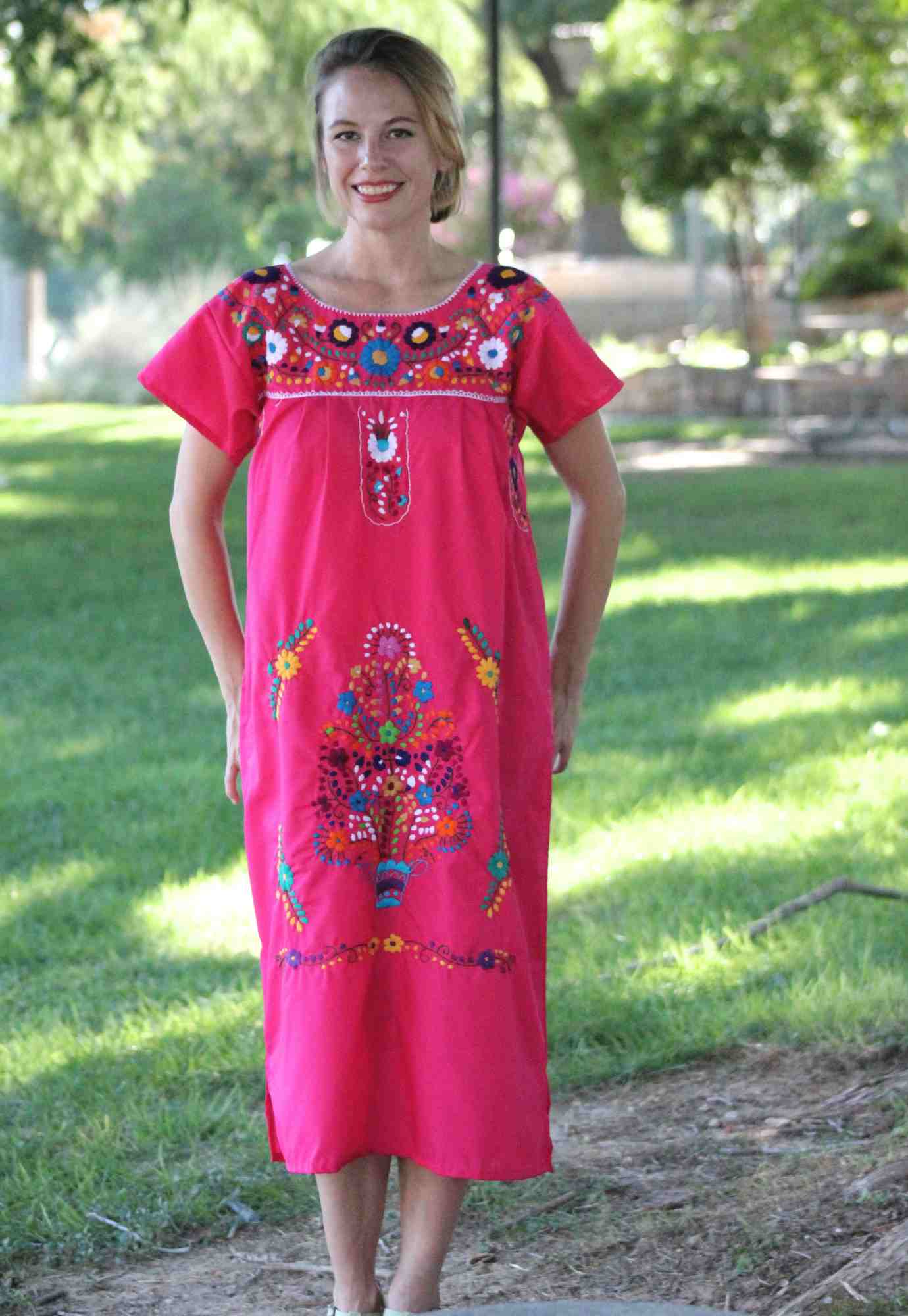 Mexican Dress Puebla with Multicolored Hand-Embroidered Flowers Hot Pink