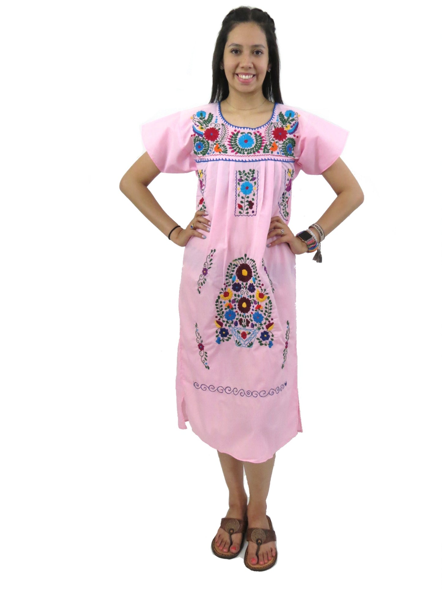 Mexican Dress Puebla with Multicolored Hand-Embroidered Flowers Soft Pink