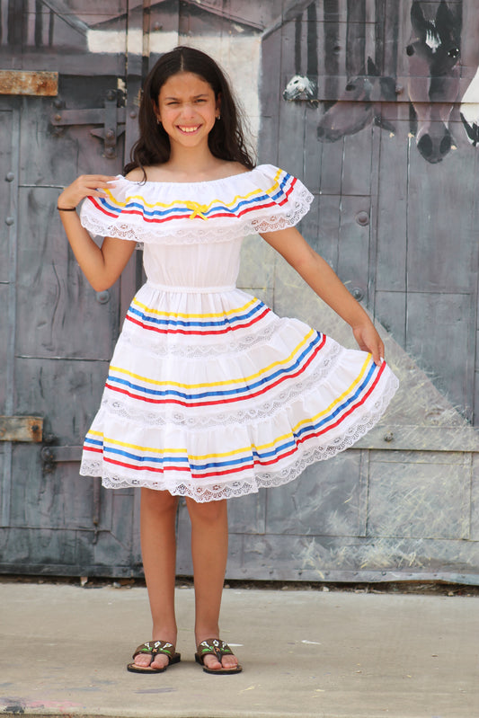 Ethnic Girl Dress with Yellow, Red, and Blue Ribbons - Flags of Venezuela, Colombia, and Ecuado