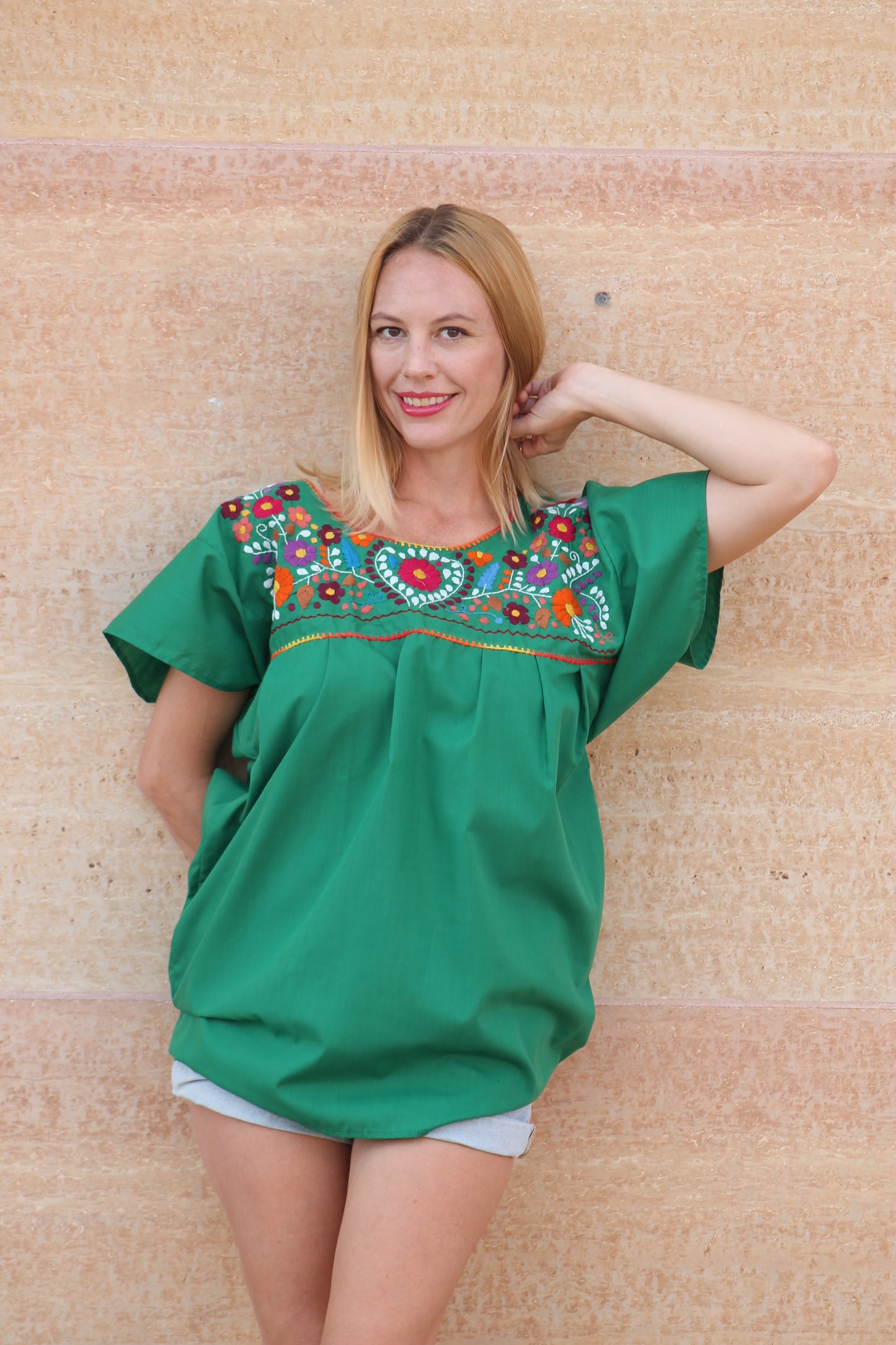 Hand-Embroidered Mexican Puebla Blouse - Floral Pattern Fiesta Top Green