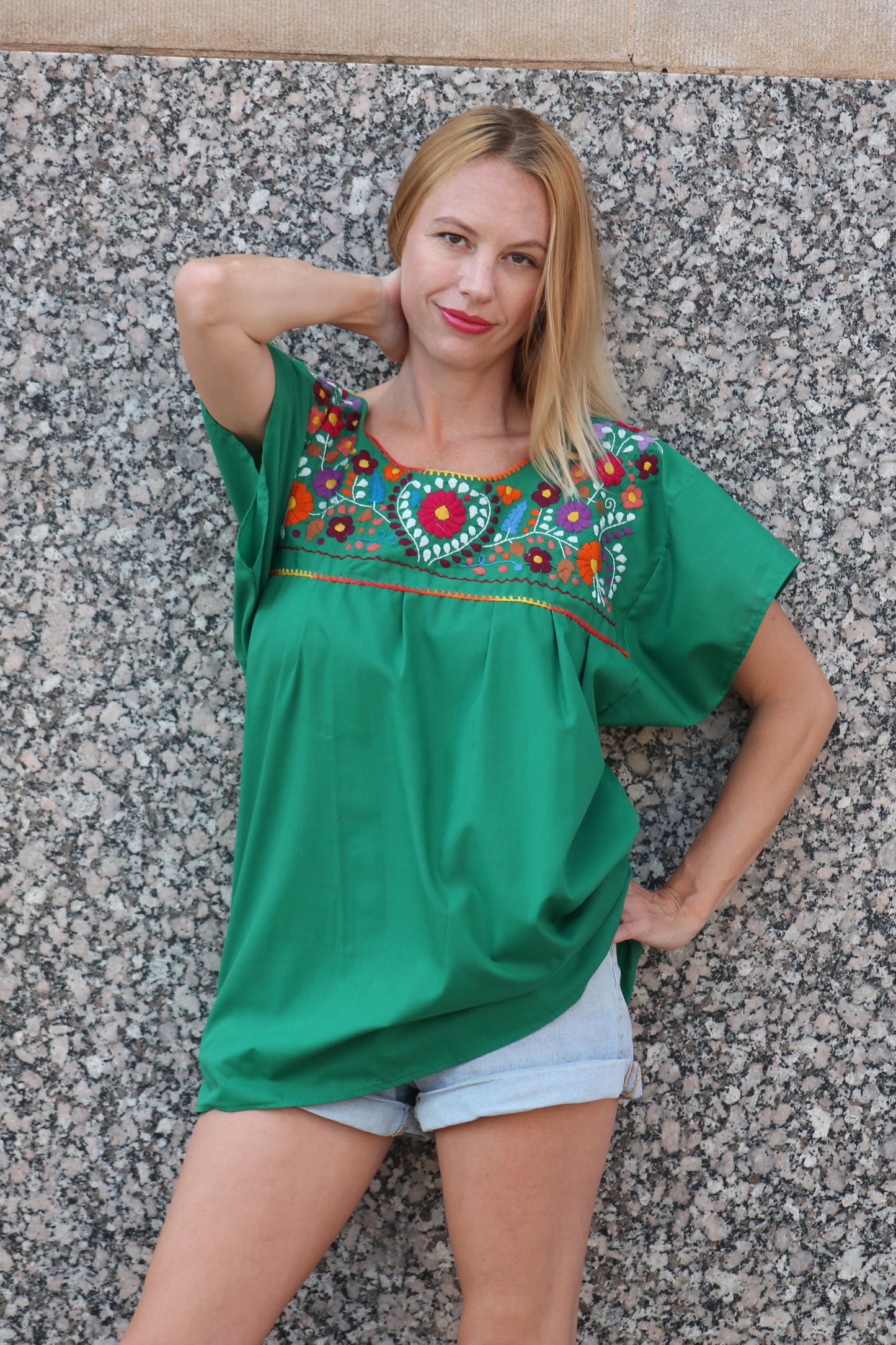 Hand-Embroidered Mexican Puebla Blouse - Floral Pattern Fiesta Top Green