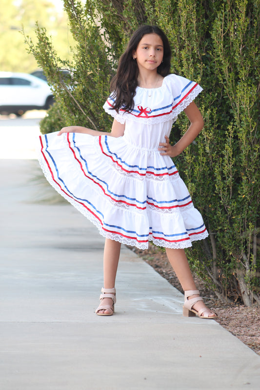 Ethnic Girl Dress with Red, Blue, and White Ribbons - Flags of Puerto Rico, Cuba, Dominican Republic, Chile, Costa Rica