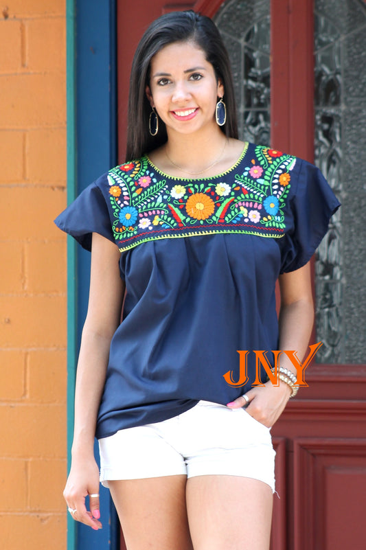 Navy Blue," "Hand-Embroidered," "Mexican Puebla Blouse," "Floral Pattern," and "Fiesta Top.