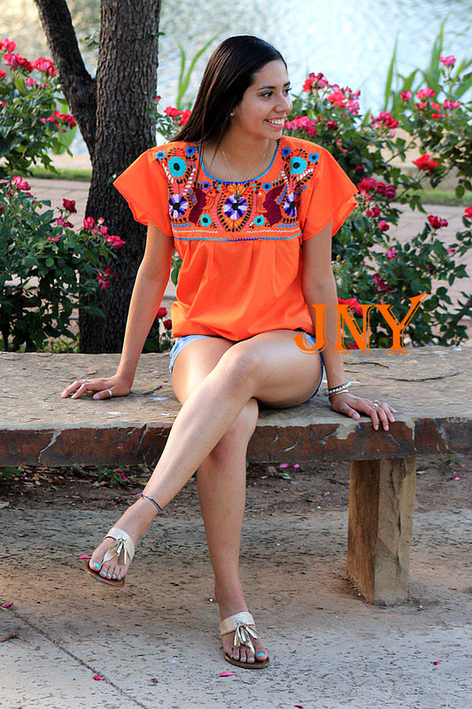 Orange Hand-Embroidered Mexican Puebla Blouse - Floral Pattern Fiesta Top