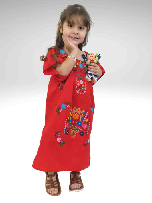 Girls Mexican Dress Puebla - Hand-Embroidered Floral Design, Below Knee Length, Loose Fit Red