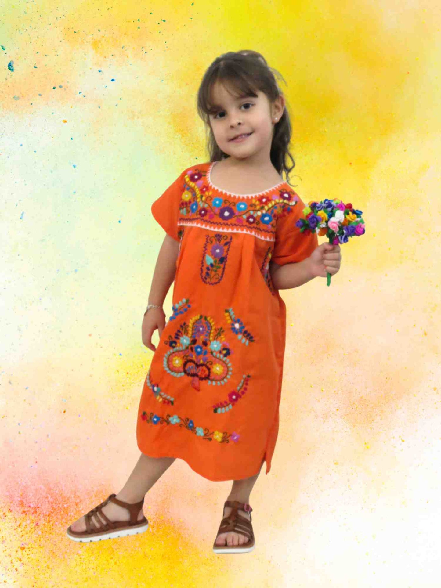 Girls Mexican Dress Puebla - Hand-Embroidered Floral Motif, Soft Cotton Blend, Loose Fit Orange