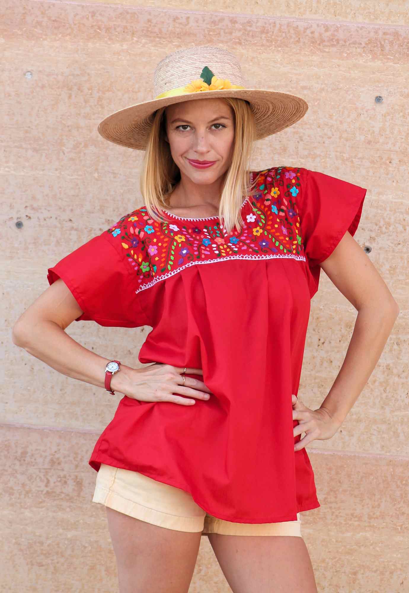 Red," "Hand-Embroidered," "Mexican Puebla Blouse," "Floral Pattern," and "Fiesta Top.