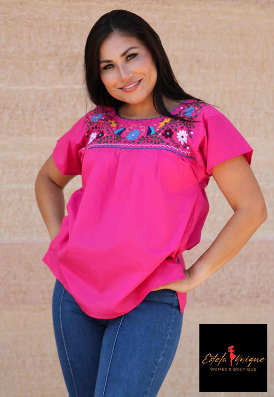 Hand-Embroidered Mexican Puebla Blouse - Floral Fiesta Top Hot Pink