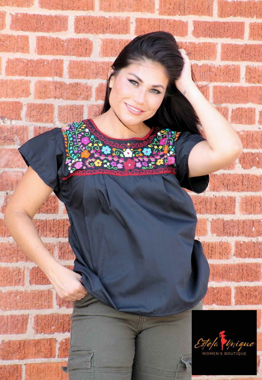 Hand-Embroidered Mexican Puebla Blouse - Floral Pattern Fiesta Top Black