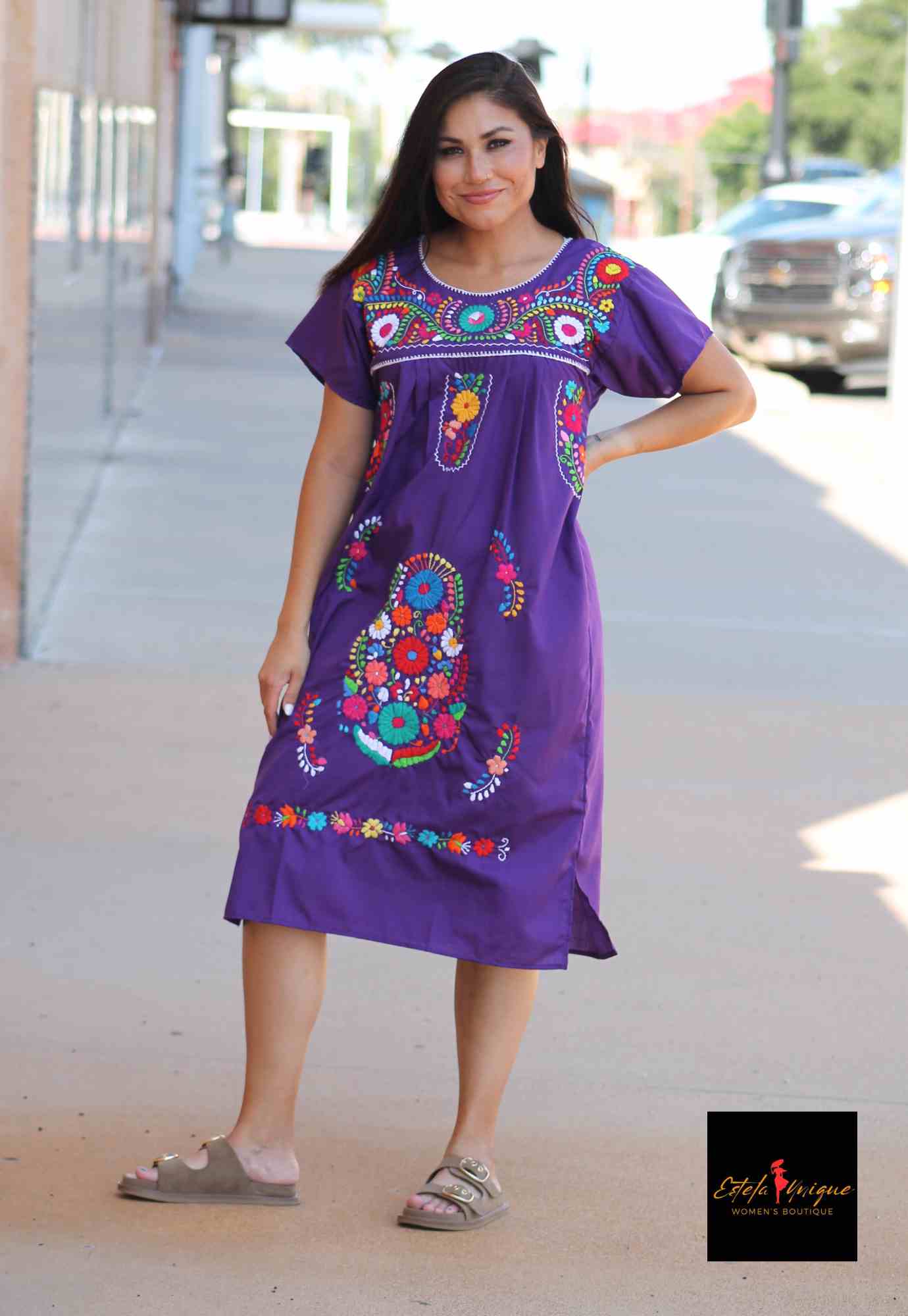 Mexican Dress Puebla with Multicolored Hand-Embroidered Flowers Purple