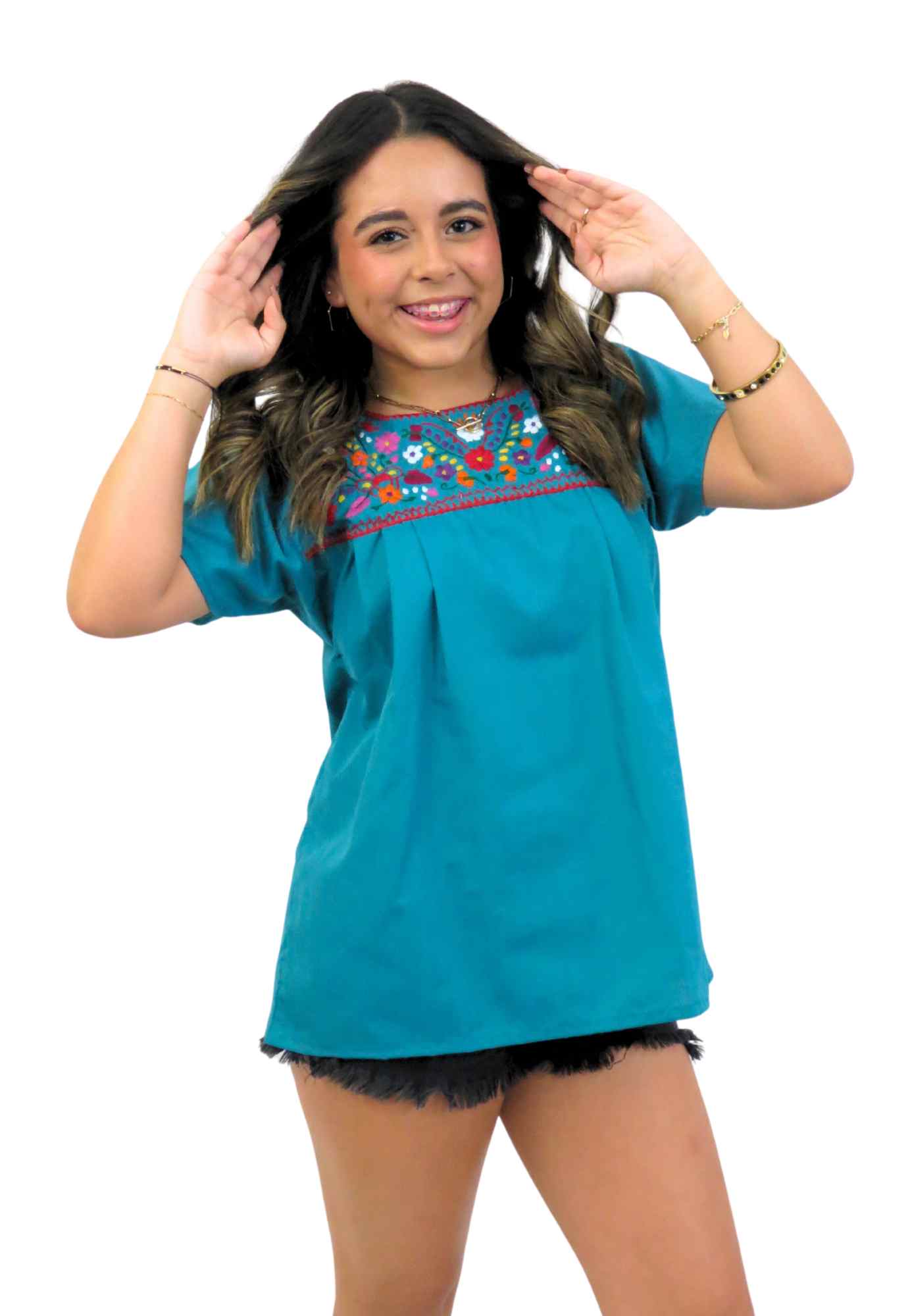 Hand-Embroidered," "Mexican Puebla Blouse," "Floral Pattern," and "Fiesta Top Teal Green