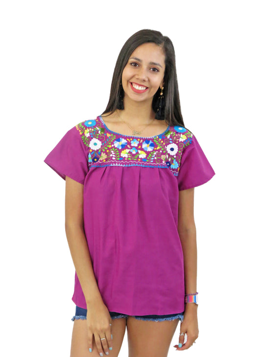 Hand-Embroidered Mexican Puebla Blouse - Floral Pattern Fiesta Top Electric Purple