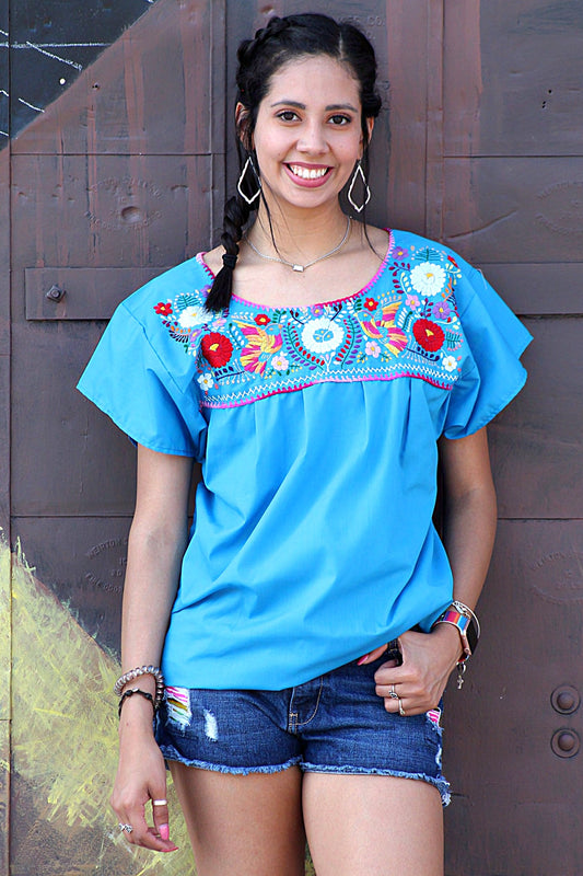 Hand-Embroidered Mexican Puebla Blouse - Floral Pattern Fiesta Top Aqua Turquoise