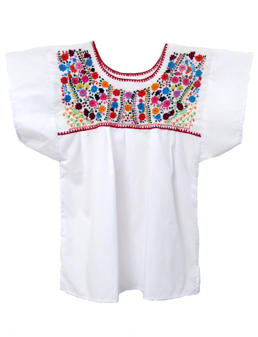 White Hand-Embroidered Puebla Blouse | Mexican Floral Fiesta Top