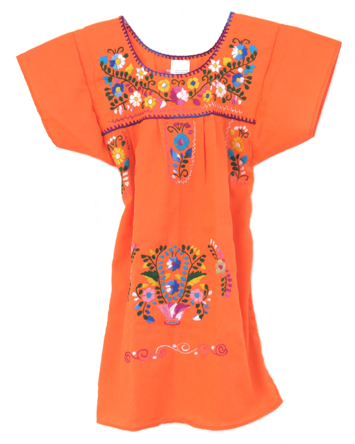 Girls Mexican Dress Puebla - Hand-Embroidered Floral Motif, Soft Cotton Blend, Loose Fit Orange