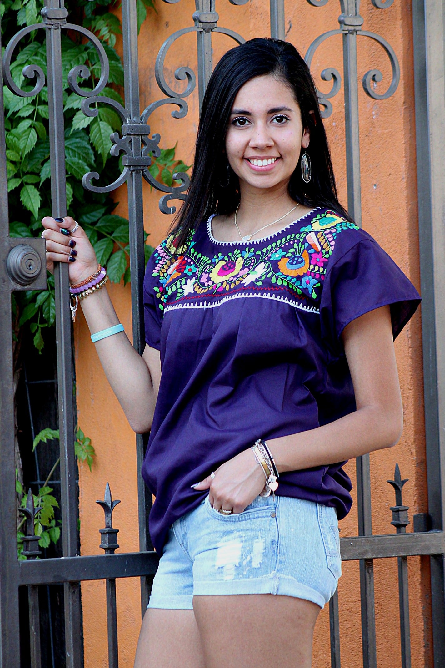 Purple Hand-Embroidered Puebla Blouse - Mexican Floral Top