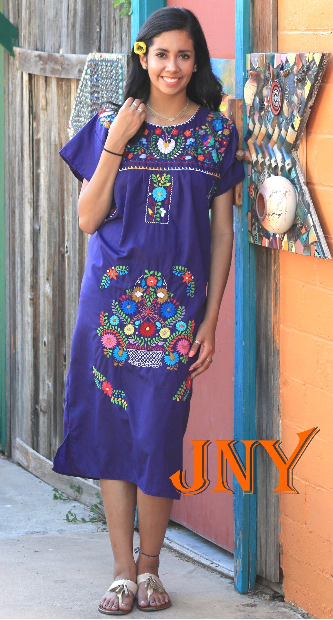 Mexican Dress Puebla with Multicolored Hand-Embroidered Flowers Purple