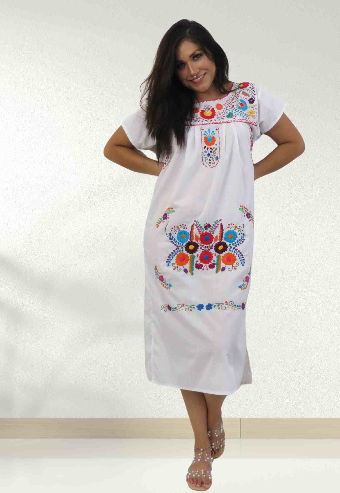 Mexican Dress Puebla with Multicolored Hand-Embroidered Flowers White